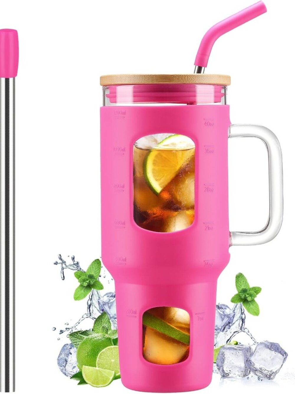 Stylish 40 oz Rose Red Glass Tumbler with Straw & Lid - Perfect for Drinks!